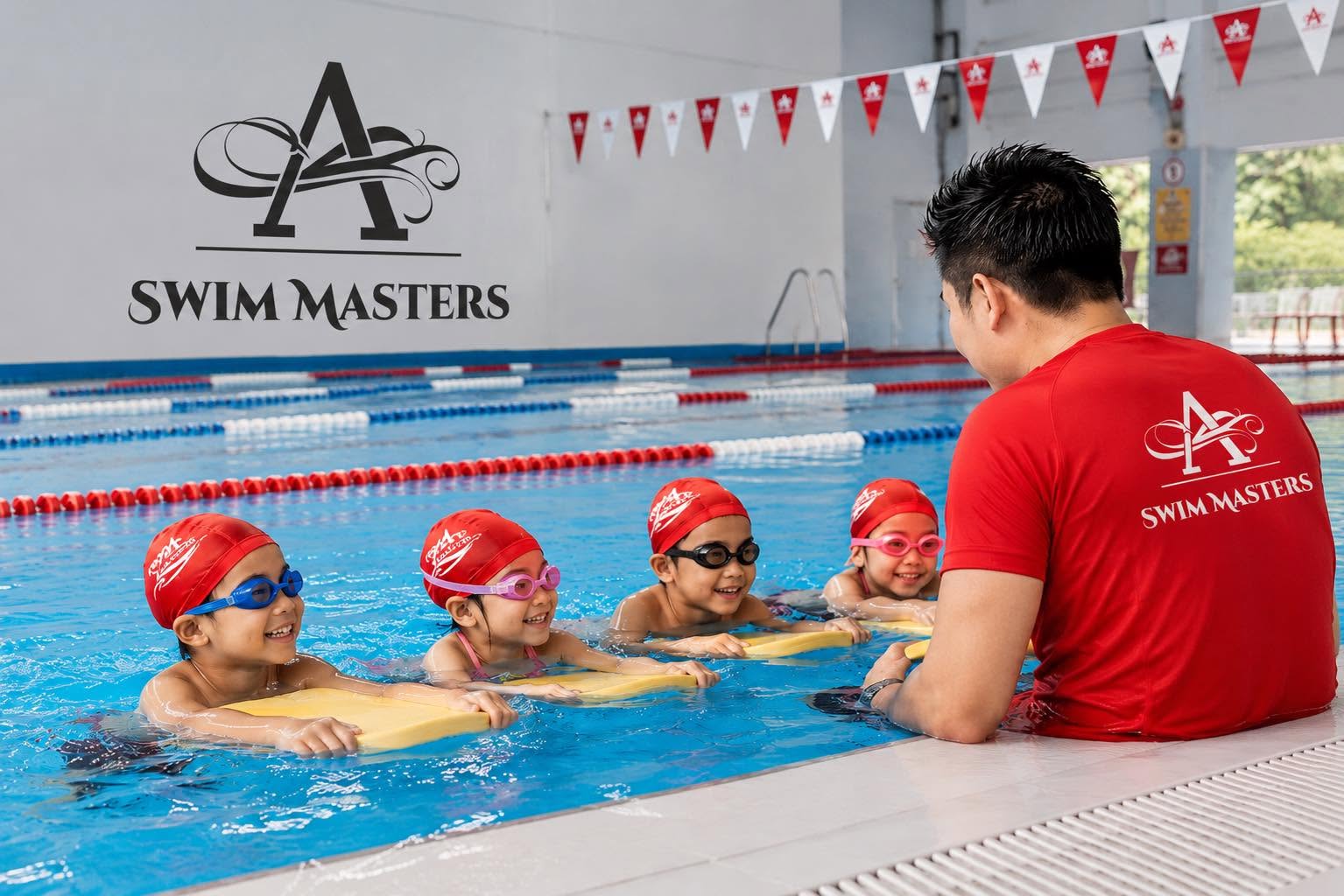 Swim Masters coach celebrating with a happy swimmer in Bukit Panjang